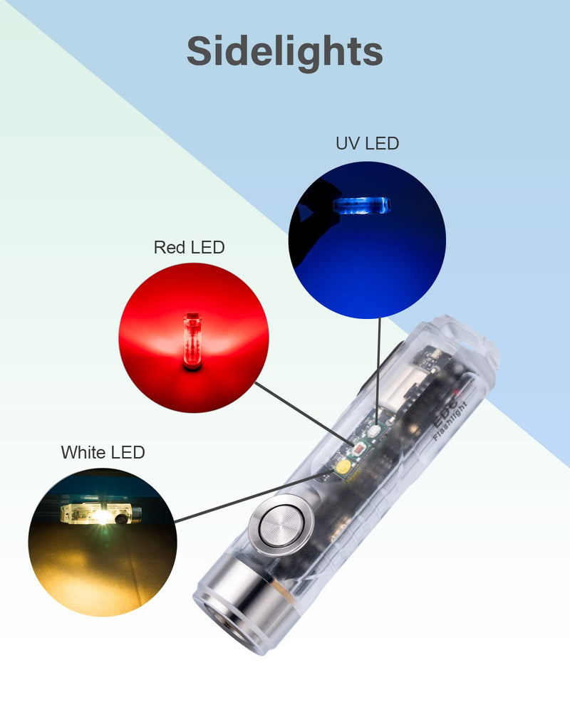 RovyVon Aurora A8 4th Gen USB C Keychain Flashlights Rechargeable, 650 Lumens 6500K Cool White Super Bright Mini Flashlight, with Red/White/365nm Sidelights, Magnetic Pocket Clip and Tail Base Silver, Clear (Sidelight: UV+Red+White)