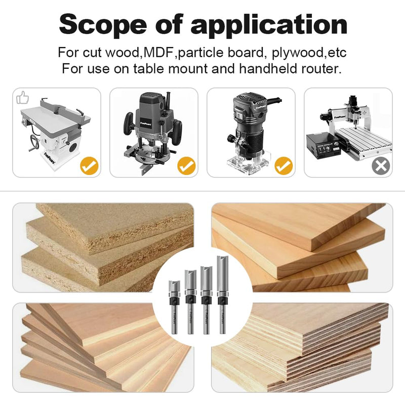 FivePears 4 PCS Pattern Flush Trim Router Bit Set 1/4 Inch Shank, Top Bearing Flush Cut Trim Router Bit for Woodworking, Cutting Diameter: 1/2", Cutting Length: 1/2", 3/4", 1", 1-1/2" Shank Size: 1/4" Cutting Diameter: 1/2" 4pcs