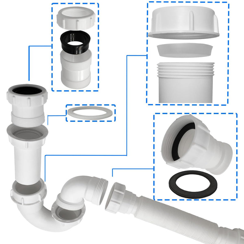 White 1 1/4" and 1-1/2" P-Trap Plumbing Kit with Threaded Adapter, J-Bend for Restroom Sink Kitchen Sink Drain Pipe, Flexible Extension Tube Drain Tailpiece