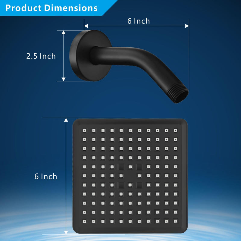 High Pressure Rain Shower Head with 6'' Shower Arm - High Flow Square Rainfall Showerhead - Luxury Modern Look - Pressure Boosting (Matte Black) Matte Black