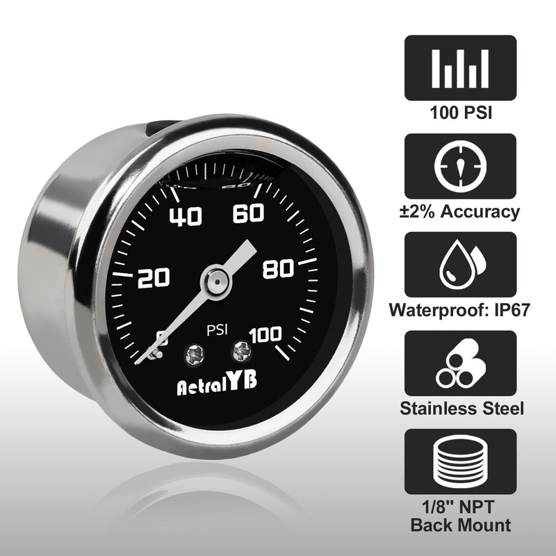 0-100 Psi Fuel Pressure Gauge, 1-1/2" Dial Size, 1/8" NPT Back Mount, Glycerin Liquid Filled, Stainless Steel Case, Inline Low Pressure Gauge, for Water Oil Air Pressure Test 0-100PSI