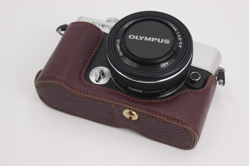 E-P7 Case, BolinUS Handmade Genuine Real Leather Half Camera Case Bag Cover for Olympus Pen E-P7 EP7 Bottom Opening Version + Hand Strap (Coffee) Coffee