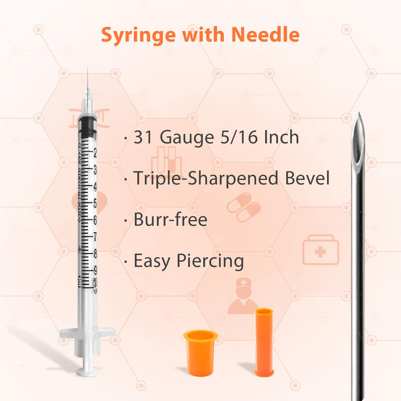 U-100 1ml 31G 5/16" (8mm) Syringe, Lab Syringes Individually Wrapped, Pack of 100 1CC 31G 5/16" 100 Pack