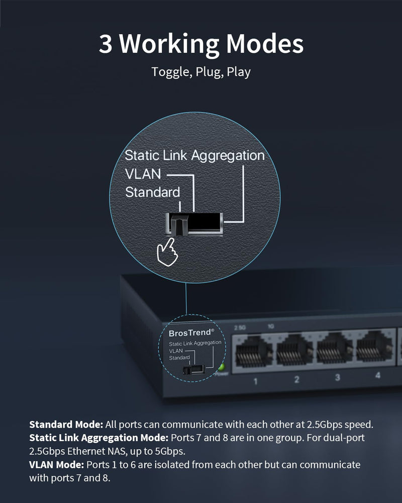 BrosTrend 2.5Gb Switch, Unmanaged 8 Port Ethernet Switch 2.5 Gigabit Supports Static Link Aggregation & VLAN, Fanless, Desktop Wall Mount, Multi Gig Splitter for Gaming, NAS, PC, Lifetime Protection