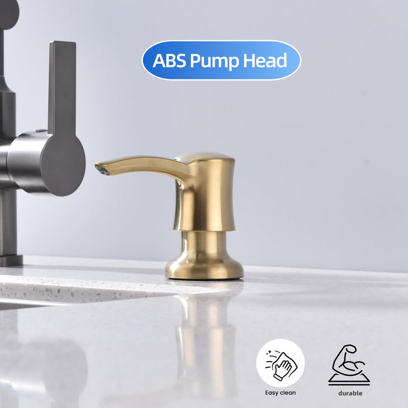 Soap Dispenser for Kitchen Sink, Built in Sink Soap Dispenser Brushed Gold 360° Swivel ABS Pump Head Champagne Gold with 11 Ounce Soap Bottle