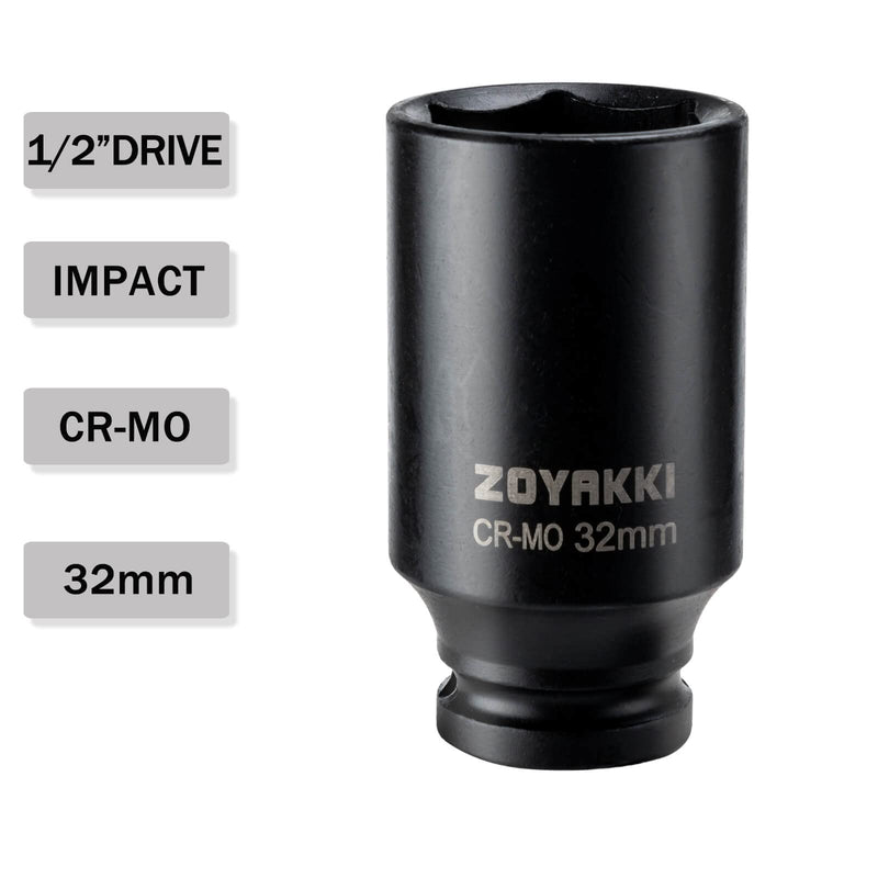 1/2" Drive x 32 mm Deep 6 PT Impact Socket, CR-MO,1/2-inch Drive 6 Point Axle Nut Socket for Easy Removal of Axle Shaft Nuts (Metric 32MM) 1/2" Drive Deep