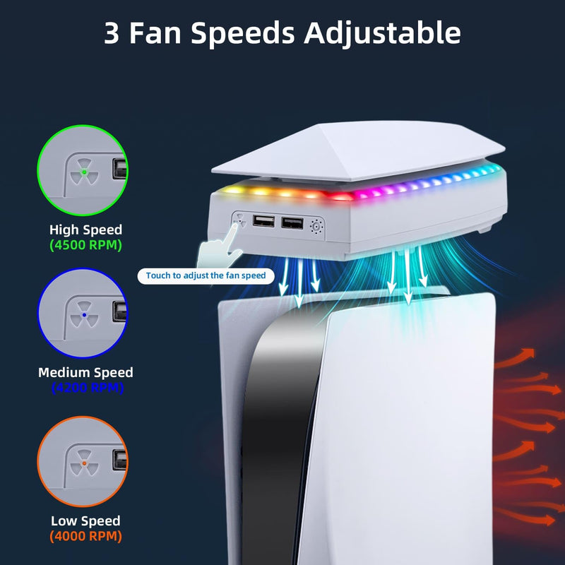 Mcbazel Cooling Fan for PS5 with RGB Light＆Dust Cover, 3-Speed Adjustable Fan, Top Mount PlayStation 5 Cooling System with 2 USB 2.0 Ports, Low Noise Fan Cooler for PS5 Disc/Digital Edition Console