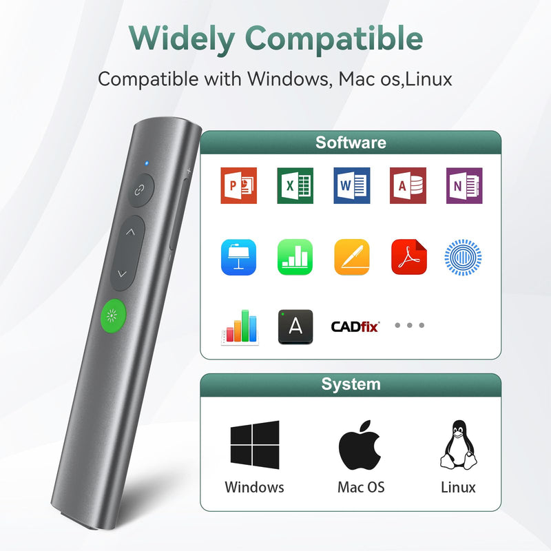 Wireless Presentation Clicker PowerPoint Remote: USB C A Presenter PPT Power Point Google Slide Advancer with Green Laser Pointer Smart Board Clicker for Computer Laptop Mac Projector Office Classroom Metal Green Laser