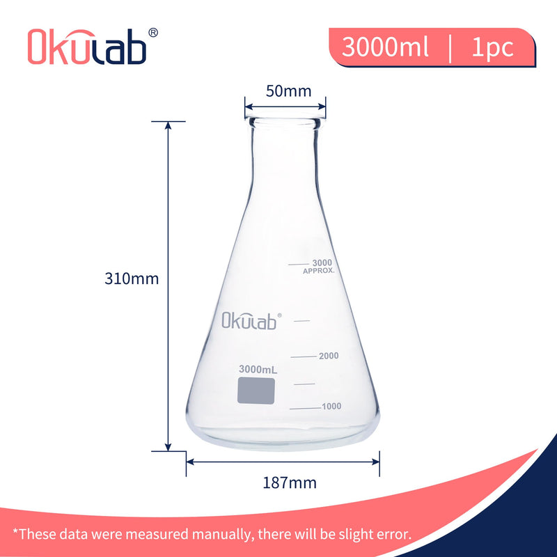 Conical Flask Set, Glass Erlenmeyer Flasks, 3000ml Lab Erlenmeyer Flasks, Borosilicate 3.3 Glass Material with Printed Graduation，EFNG3000A1 Vol.3000ml, pack of 1