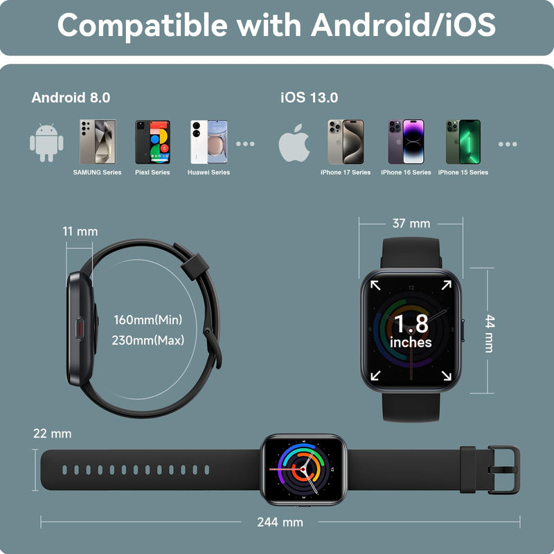Smart Watch for Men Women, 1.85" Smart Watches Compatible iPhone/Samsung/Android (Answer/Make), Fitness Tracker with Heart Rate/Sleep/SpO2 Monitor, Smartwatch 3ATM Waterproof 120+ Sport Modes, Alexa Black