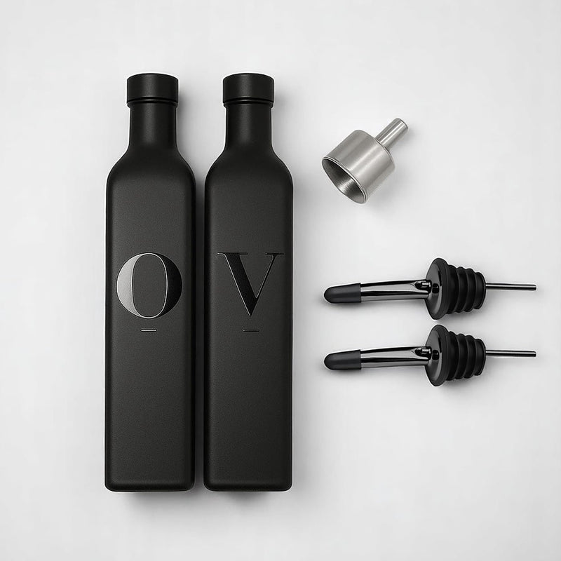 Olive Oil Dispenser Bottle Set, Oil and Vinegar Dispenser Set, Glass Oil Container, oil bottles for kitchen with Pourers and Funnel, 500ml | Set of 2 - Black