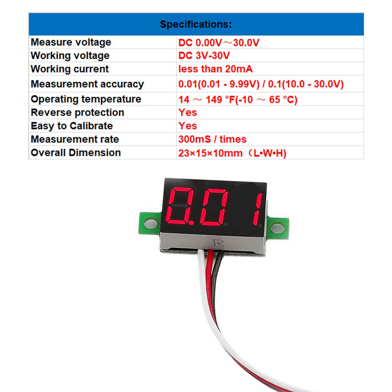 bayite Pack of 5 Three-Wire Calibratable DC 0~30V Red Digital Mini Voltmeter Gauge Tester Mount Car Motorcycle Battery Monitor Volt Voltage Meter 0.36" Red LED Display Panel