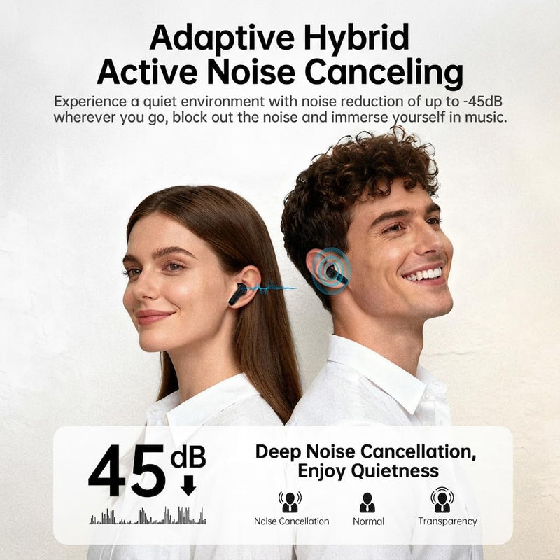 xinwld Adaptive Hybrid Active Noise Canceling 2026 Wireless Earbuds, 6 Mics ENC Clear Call Ear Buds, Hi-Res Audio Deep Bass Bluetooth 5.4 Headphones, 40H, LED, for Sports Running Gym Workout, Black
