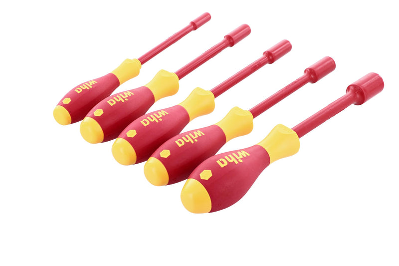 Wiha 32292 Insulated Nut Driver Set, Inch, 1000 Volt, 5 Piece Insulated Nut Driver SAE Set, 5 Piece