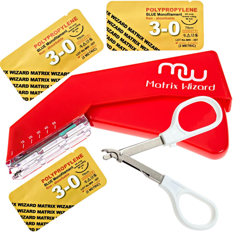 Sterile Suture Thread with Needle Plus Disposable Preloaded 55 Wire Stapler Tool - Medics, EMT, Nursing First Aid Surgical Suture Practice Kit; Wound Training Set; Vet Use