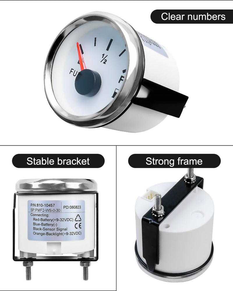 White 0-30 ohm Fuel Gauge Fit for Cars Motorcycles Ships Tractors Yachts, Fuel Level Gauge with LED Light and 52 mm Dial White