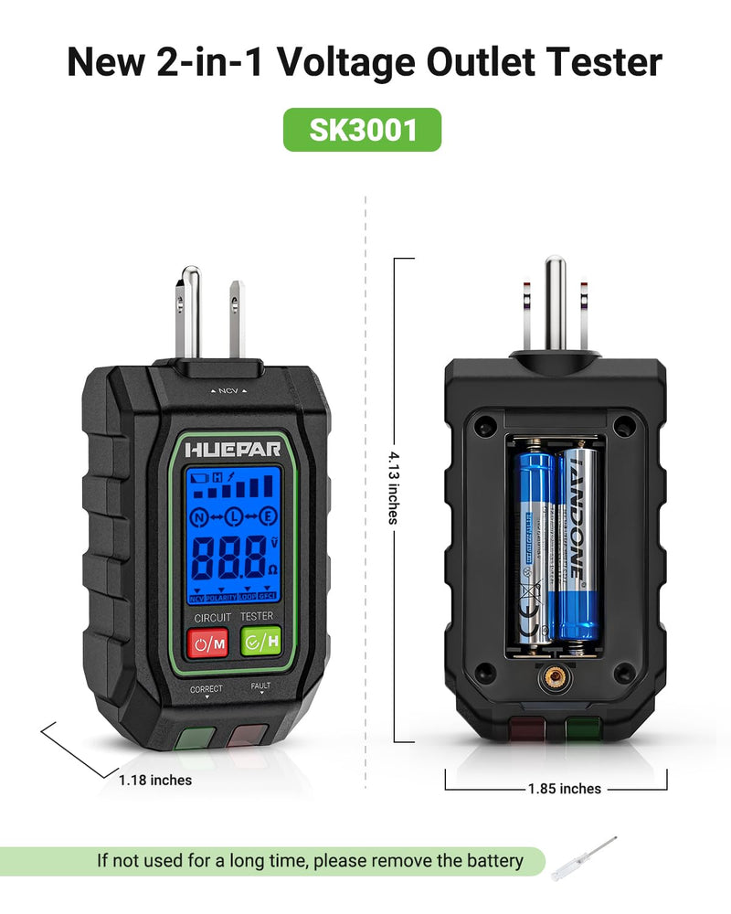 HUEPAR 2-in-1 NCV GFCI Outlet Tester, Electrical Circuit Tracer Voltage Testers with LCD Display for Standard 3-Wire 30-150V AC Electrical Outlet Test- SK3001