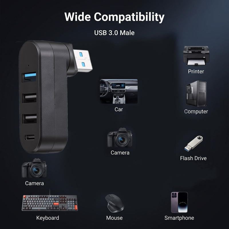 4 Ports USB Hub for Car [90°/180° Rotatable], USB3.0 Hub with 1 USB 3.0 Port, 2 USB2.0 Ports, and 1 USBC Data Port, USBPort Hubs for Laptop, Car, Keyboard, Printer and More