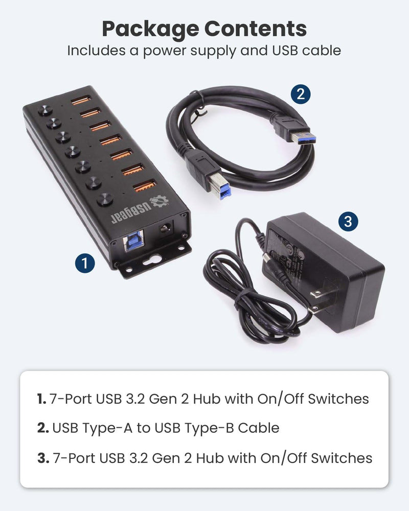 7-Port USB 3.2 Gen 2 Hub - 10Gbps, Individual Power Switches, and Mountable Design for Workspaces & Labs 7 Port Hub w/Power Switches