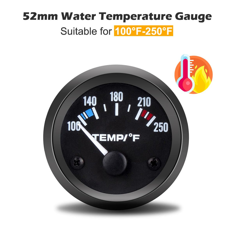 Universal 2"/52mm Water Temperature Gauge 100-250℉ Water Temp Gauge Kit DC12V with LED Light Indicator Display and Sensor for Ship Car Truck Vehicle Automotive Boat Marine (White Pointer) White Pointer