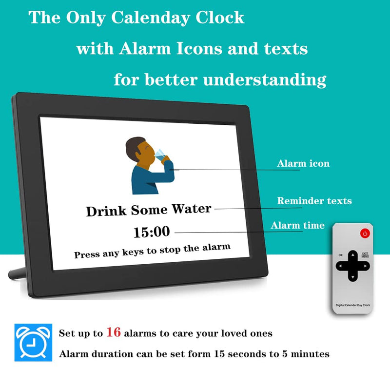 [New Version] 7 Inch Day Clock - 19 Alarms,20 Custom Reminder, Remote Control, Level 10 Auto Dimmable Display Calendar Clock, Non-Abbreviated Day Date Alarm Clock for Impaired Vision Dementia Seniors