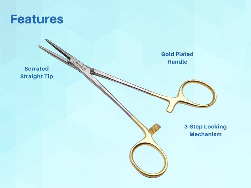 ARTMAN INSTRUMENTS Artery Forceps 6" Straight Hemostat Mosquitoes, Gold Plated Handle, Locking Tweezer Clamps, for Nurses, Fishing Forceps, Fly Tying, Crafts Kelly Forceps Clamps