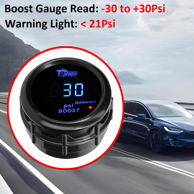 Car Boost Gauge 12V Auto Boost Psi Gauge 2" 52mm Turbo Boost Gauges Meter Digital Blue Light Instruments -30-0 - 30 Psi Smoke Tint Len with Sensor Blue Light Boost Gauge Psi