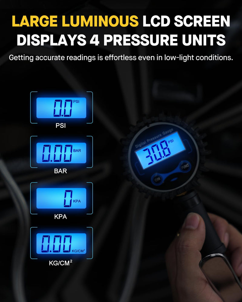 Vondior Digital Tire Inflator with Pressure Gauge 200 PSI - Large 2" Digital Dial, Heavy Duty Air Chuck and Compressor Accessories with Tire Tread Depth Gauge and Quick Connect Coupler Car Accessories 3-200 PSI