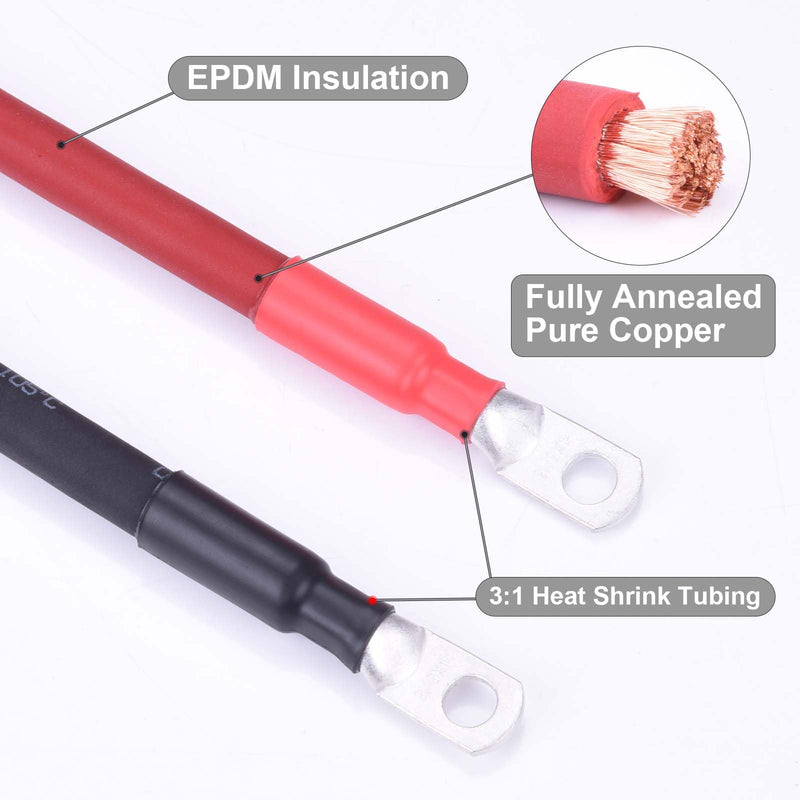 1/0 AWG Flexible Battery Cable with 3/8" Terminals - OFC Pure Copper Inverter & Welding Wire for Automotive Solar RV Motorcycle (Red + Black 1FT Pair) 1/0AWG 3/8" 1 FT Black + 1 FT Red