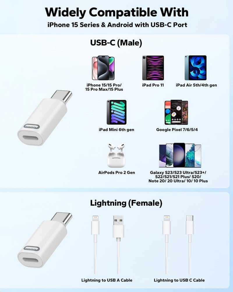 MoKo Lightning Female to USB C Male Adapter 4 Pack, Lightning to USB C Converter for iPhone 15 Series, iPad, iPhone to USB C Adapter for Fast Charging/Data Transfer, NOT for Audio/OTG, White PD 4pack