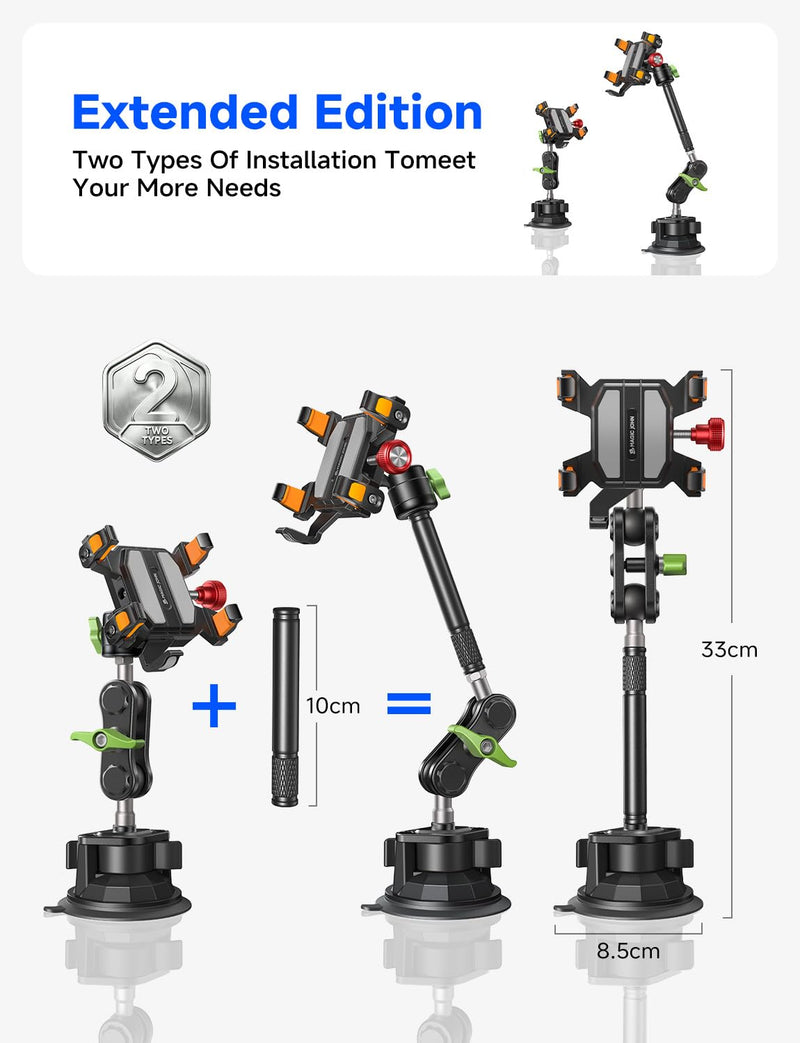 MAGIC JOHN Metal Car Phone Holder 360° Rotation Suction Mount Windshield | All-Metal Build With Enhanced Suction Cup, Adjustable Clamp Arms, Compatible With iPhone Samsung & All Smartphones
