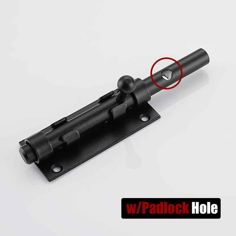 JQK Sliding Bolt Gate Latch Black, 6.3 Inch (Thick 2.4mm) Heavy Duty 304 Stainless Steel Barrel Bolt with Padlock Hole, Interior Door Latches 2 Pack, DL300-BK-P2 6Inch(2 Pack)