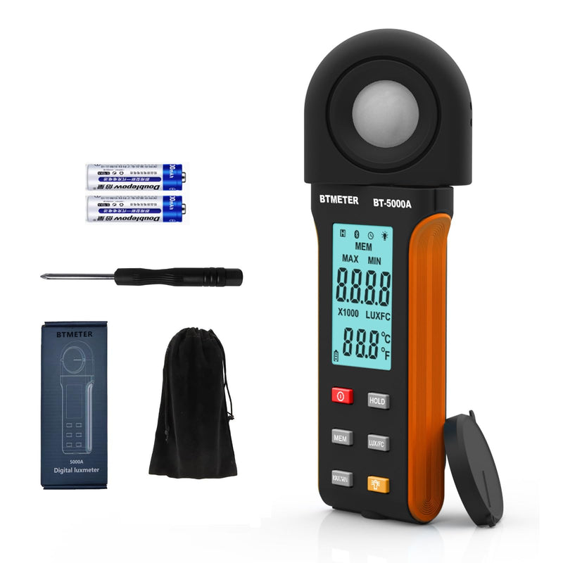 BTMETER Light Lux Meter Logger BT-5000A, Digital Lumen Tester Measure Lighting Level Intensity 0.1~400,000 Lux(0.1~40,000 FC) Foot Candle Luxometer with Data Logging for Plant Grow Aquarium