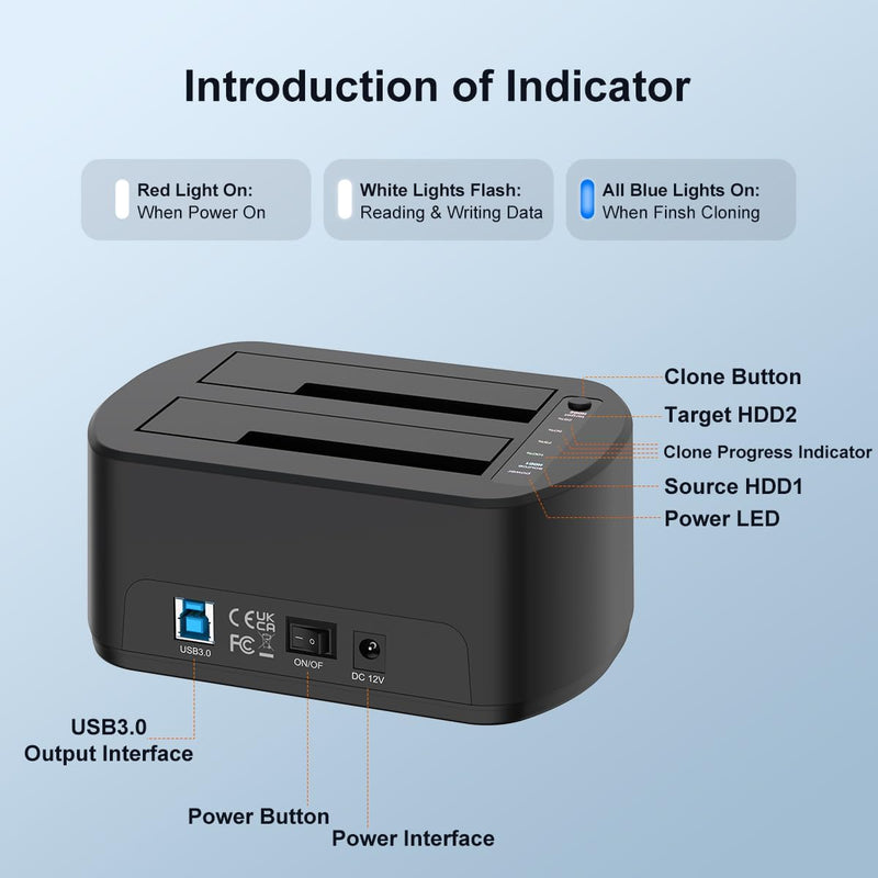 MAIWO External Hard Drive Docking Station with Offline Clone for 2.5/3.5" SATA HDD/SSD, 5Gbps with UASP, 48TB Capacity, Dual Bay USB 3.0 to SATA Adapter Duplicator