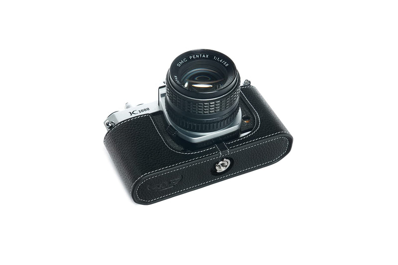 K1000 Case, BolinUS Handmade Genuine Real Leather Half Camera Case Bag Cover for Pentax Asahi K1000 Camera With Hand Strap (Black) Black