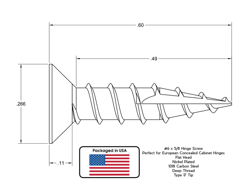 Yellowbird #6 x 5/8" European Concealed Hinge Screw - Flat Head Phillips - Type 17 - Nickel Wood - Bit Included - 1000 Ct.
