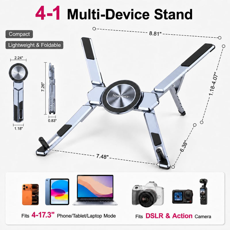 4-in-1 Adjustable Laptop Stand for desk with Magnetic Phone Holder & Camera Tripod, Foldable Aluminum Stand for Laptop, Tablet, Camera, Portable Ergonomic Desk Setup for Travel & Remote Work(Gun Gray) Gun Gray