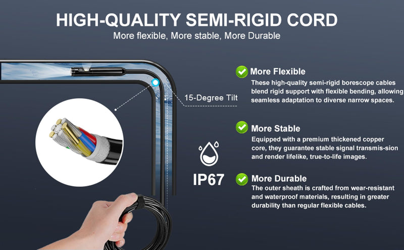 Dual-Lens Endoscope Camera with Light, POLEDY 1920P HD Borescope, 8 Adjustable LED Light, IP67 Waterproof, 16.4ft Snake Camera, Semi-Rigid Cable Inspection for Android, iOS Dual Lens