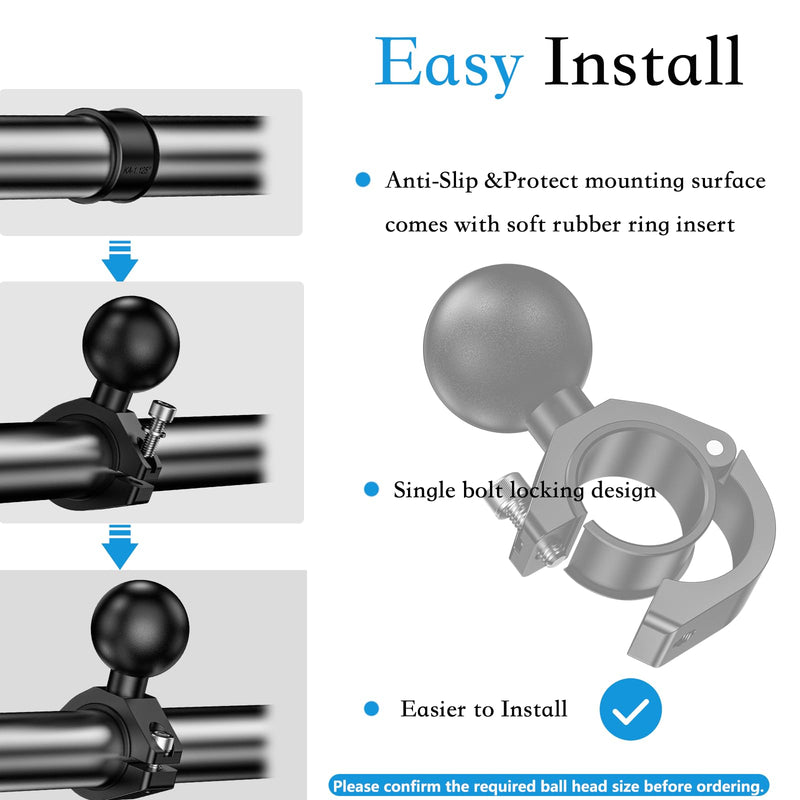 Aluminum Alloy 1.5'' Ball Mount Fit for Round Rails 0.875'' / 1'' / 1.125'' / 1.26'' in Diameter, Adjustable Handlebar Base Compatible with RAM Mounts C Size 1.5 Inches Ball Double Socket Arm