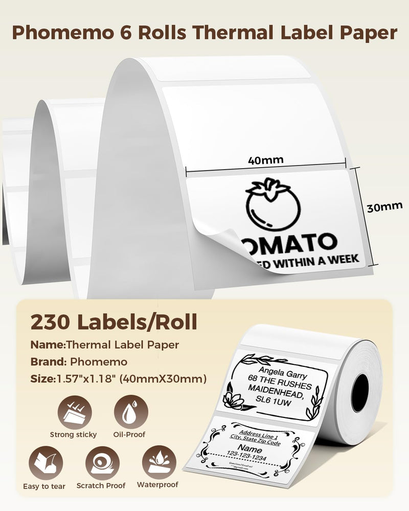 Phomemo Labels M110-1380 Pcs 1.57"x1.18" (40mm x 30mm) Thermal Labels- for M110/M220/M100/M221/M250/M260 Label Printer,for Barcode/Address/Mailing/Logo/Business/Home, Black On White 1.57"x 1.18" 6