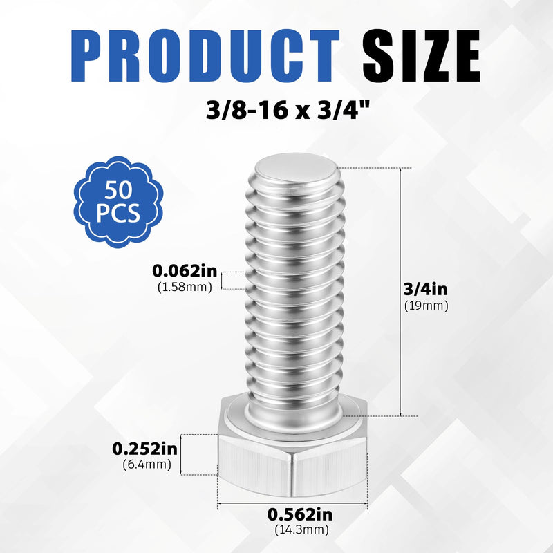 Zonon 50 Pcs 3/8-16 x 3/4" Hex Head Screw Bolt 18-8 (304) Stainless Steel Hexagon Bolts, Fully Threaded, Plain Finish, External Hex Drive (Silver) 3/8-16 X 3/4" Silver