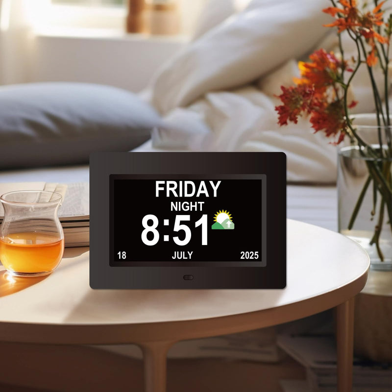 Digital Clock for Seniors with Day Date Time Large Display - 7 Inch Large Print Dementia Clock for Memory Loss and Visually Impaired, 12 Alarm Options, Non-Abbreviated, Black 7''