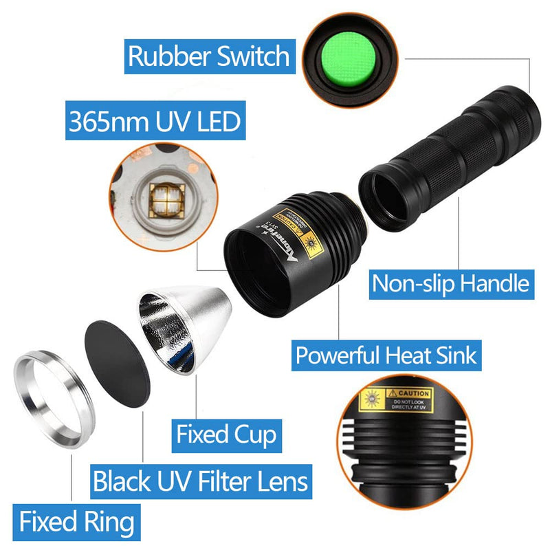 ALONEFIRE SV13 15W 365nm UV Flashlight Rechargeable Ultraviolet Woods Lamp Powerful Black Light for Pet Urine Detector, Resin, Bed Bug, Scorpion, Fishing with UV Protective Glasses, Battery, Charger