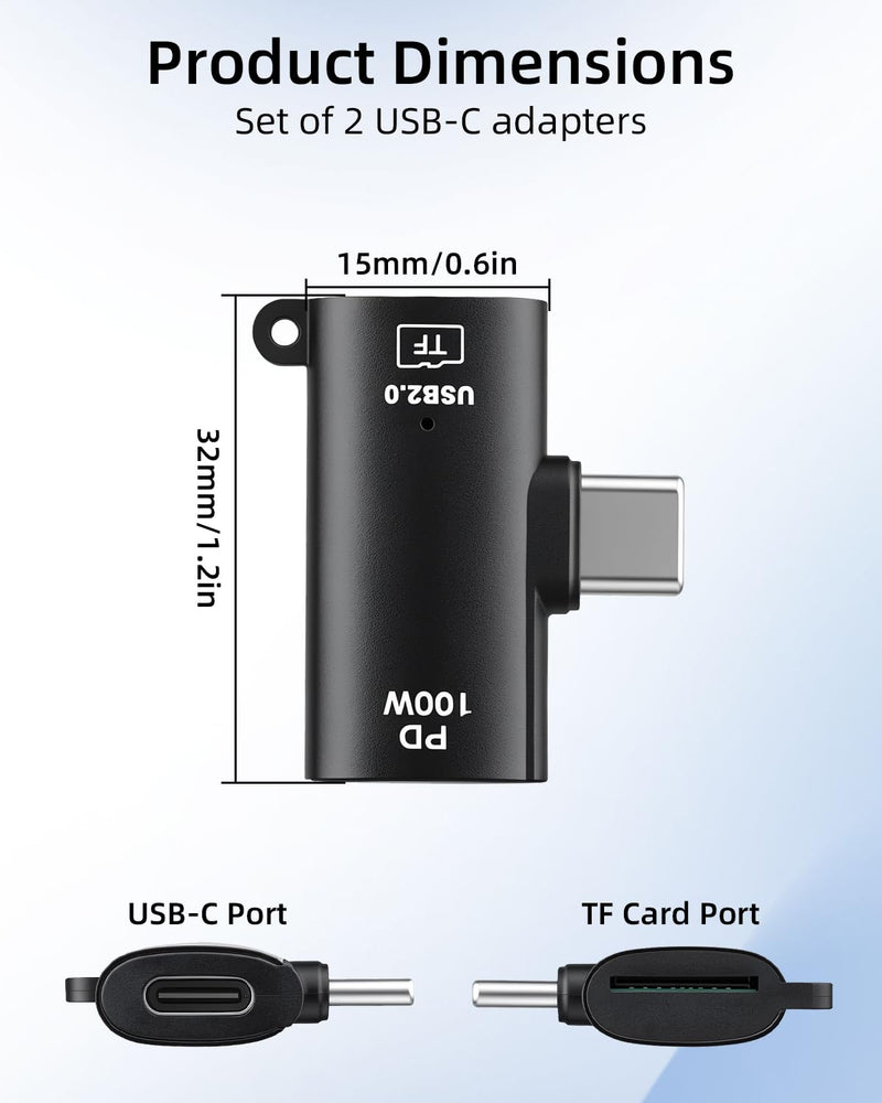 Micro SD Card Reader,SD Card Reader to USB C,Type C Male to TF-Card Reader&100W Type C Female Charging Port Compatible with Micro SDXC,Micro SDHC,Micro SD,Phone,Pad,Laptop (2-Pack) Type C & 100W to TF-card Reader