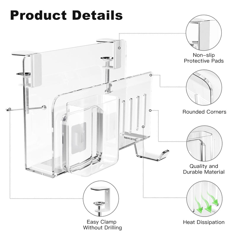 Acrylic Desk Side Storage,Under Desk Laptop Holder Storage Clamp on desk shelf,With Pen Holder and Headset Hook,Clear Desk Side Hanging Organizer accessories (transparent) transparent