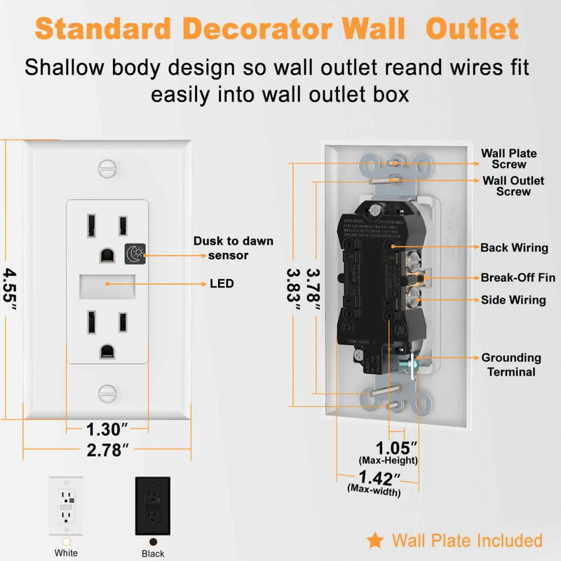 Black Wall Outlet Receptacle with Night Light,Electrical Receptacle Outlets,15A 125V, 2 Pole 3 Wire,Wall Plate Included,4 Pack