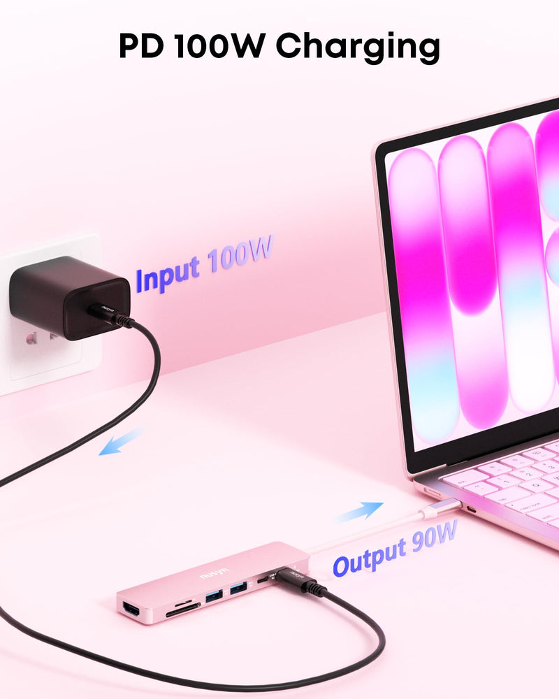 7-in-1 USB C Hub with 4K@60Hz HDMI, 2 USB-A, 1 USB-C, 100W PD Charging, SD 3.0 /TF 3.0 Card Reader, Compatible with MacBook Pro/Air/Neo, iPad Pro, iMac, iPhone 15-17 (Blush) Blush