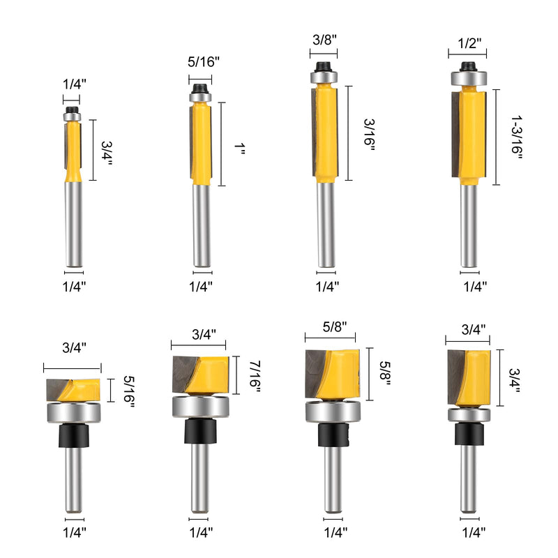 14 PCS Router Bits Set 1/4 Inch Shank | Conventional Universal Set, Roundover Router Bits, Flush Trim Router Bit, Hinge Mortising, Flush Trim Template