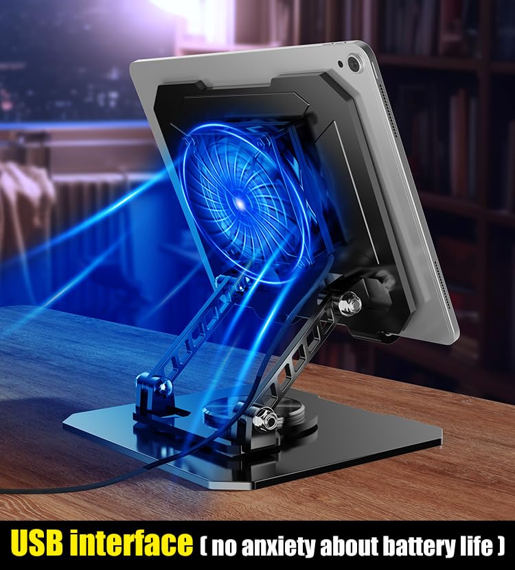 360° Rotating Tablet Desk Stand Holder with USB Cooler，Carbon Steel Frame Dual Rod Mount Support for iPad Pro 13 12 11 Air Mini 5 4 3 Samsung Tab E-Reader (Silver with Built-in Cooler) Silver with built-in cooler