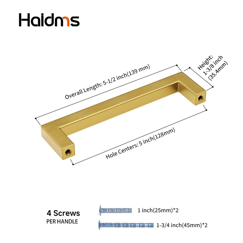 Haidms 5 Inch Cabinet Handles 10 Pack Gold Stainless Steel Drawer Pulls Brushed Brass Cabinet Hardware Square Cabinet Pulls for Kitchen Bathroom Cupboard 5 Inch Hole Center